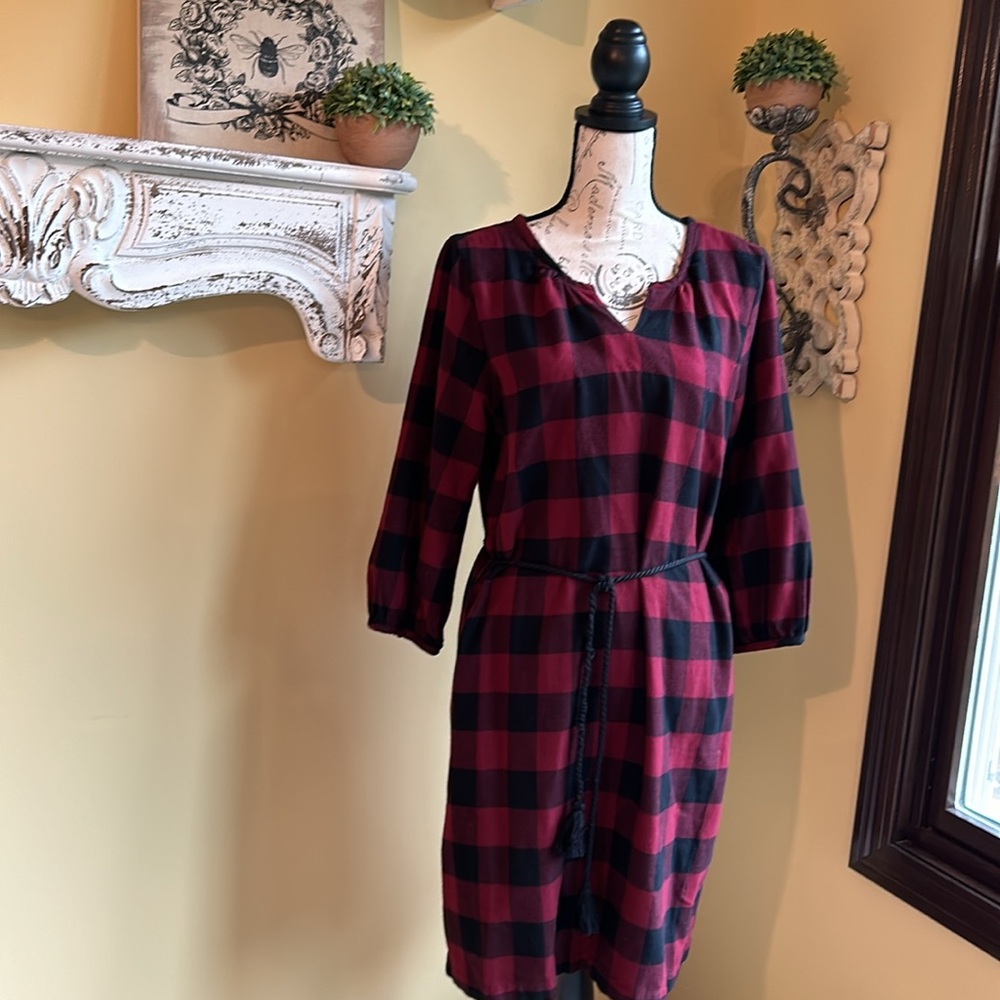 Women Deep Red & Black Buffalo Check Plaid Flannel Shirt Dress & Tassel Belt